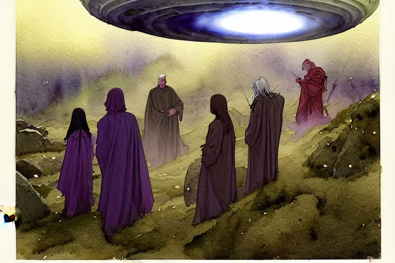 Image similar to a realistic and atmospheric watercolour fantasy character concept art portrait of a group of christians wearing robes and emerging from the mist on the moors of ireland at night. a ufo is in the sky. by rebecca guay, michael kaluta, charles vess and jean moebius giraud