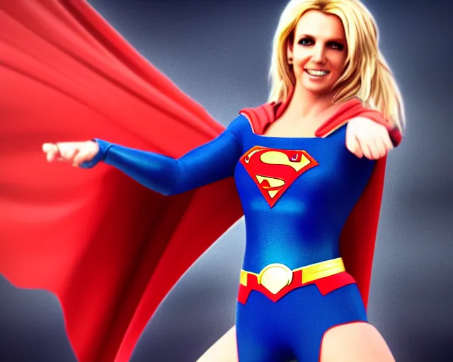 Prompt: Britney Spears As Supergirl, Playboy Centerfold, Full Figure, 8K, octane render, HDR, photorealistic, volumetric lighting, Hyperrealistic-H 960