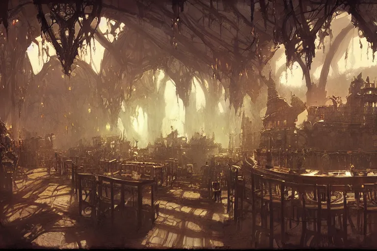 Prompt: fantasy tavern interior, intricate, elegant, highly detailed, john park, john howe, sparth, ruan jia, jeffrey catherine jones