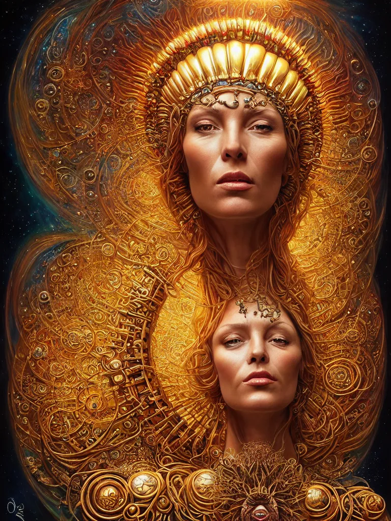 Image similar to hyper-realistic fullbody portrait. very complex hyper-maximalist overdetailed cinematic cosmic scifi portrait of an elegant very attractive sun goddess mother of the universe by andrei riabovitchev, tomasz alen kopera, oleksandra shchaslyva and peter morbacher. Extremely ornated and decorative. Fancy luxury beautiful. Omnious intricate. Secessionist portrait illustration. Goddess of the sky. Focus on face. Artstation. Deviantart. 8k 4k 64megapixel. Rendered by binx.ly.