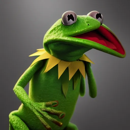 Image similar to hyperrealistic mixed media image of kermit the frog, stunning 3 d render inspired art by xiang duan and thomas eakes and greg rutkowski, perfect facial symmetry, hyper realistic texture, realistic, highly detailed attributes and atmosphere, dim volumetric cinematic lighting, 8 k octane detailed render, post - processing, masterpiece,