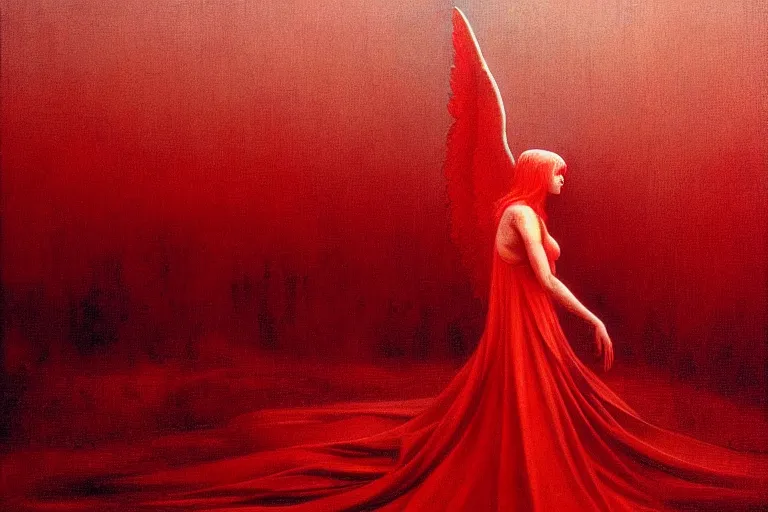 Image similar to only with red, a red angel announce the win, at the gates of a rich renaissance city. inthe background, pathos, in the style of beksinski, part by hopper, part by rodcenko, part by hofbauer, intricate composition, red by caravaggio, insanely quality, highly detailed, masterpiece, red light, artstation