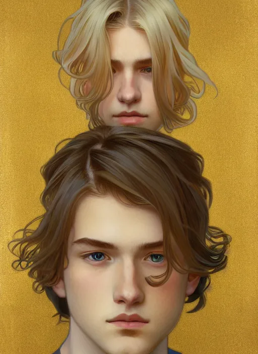 Image similar to pretty young man with shoulder length shiny shimmering golden blond hair, head down, shy, sad, scared, path traced, highly detailed, high quality, digital painting, by studio ghibli and alphonse mucha, leesha hannigan, disney