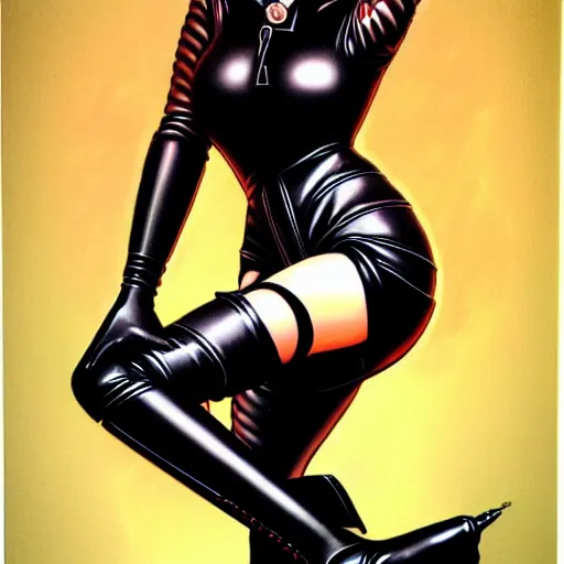 Prompt: woman with black hair in knee high leather boot, latex 1 9 8 0's art, airbrush style, art by hajime sorayama,, intricate, elegant, sharp focus, illustration, highly detailed, h 6 4 0