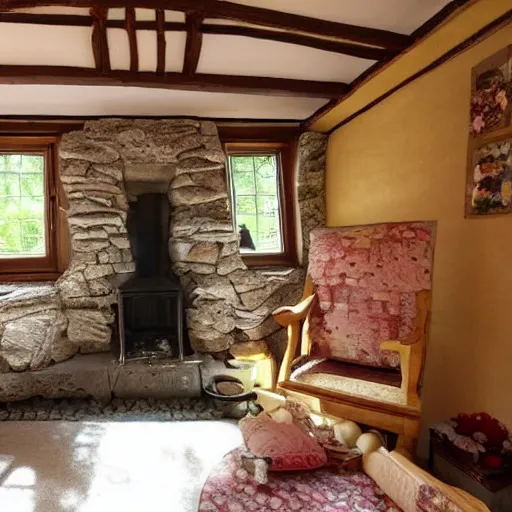 Image similar to photo of interior of fairytale cottage, english and japanese, cozy stone cottage