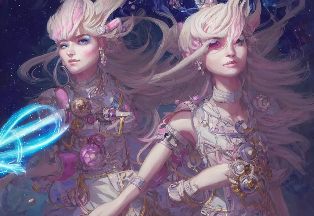 Image similar to close up picture of an maximalist dress magical girl, neat hair with bangs, smug face, extremely beautiful and aesthetic and detailed cute face and eyes, wipe out evils with cute astronaut familiar sprites, aming the magical beams to the camera, chiaroscuro, intricate, masterpiece, epic fantasy illustrations by peter mohrbacher and anato finnstark and jeremy lipking