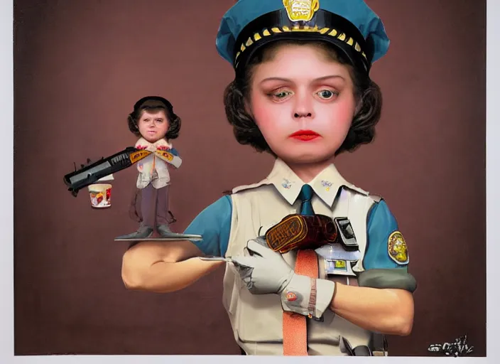 Prompt: a donut police officer, lowbrow, matte painting, 3 - d highly detailed, in the style of mark ryden,