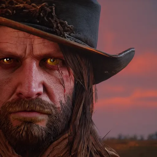 Image similar to a portrait of red!! long!! haired!! angry!! man!! as a red dead redemption 2 character shot from red dead redemption 2, ray tracing x, wet reflections, unreal engine 5, intricate details, fantasy, hyper realism, humongous view, smooth, cinematic