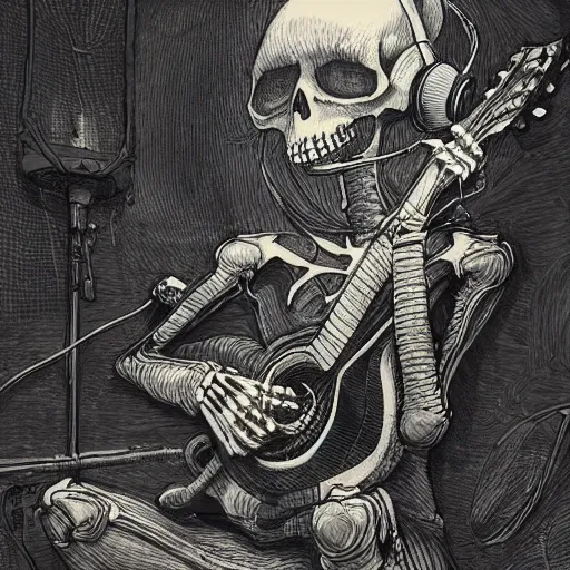 Image similar to skeleton wearing headphones, watching girl playing guitar while her black cat standing next to her, detailed intricate ink illustration, dark atmosphere, detailed illustration, hd, 4k, digital art, overdetailed art, by greg rutkowski, by loish, complementing colors, Trending on artstation