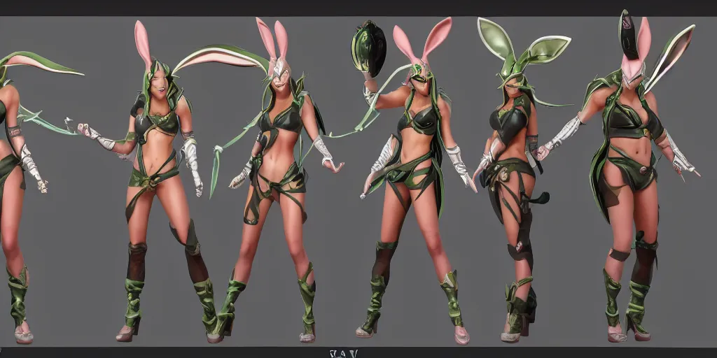 Image similar to character sheet of battle bunny akali (League of Legends). 3d render, octane render, iRay, ray tracing, realistic, highly detailed, trending on artstation, 4k, cgsociety, unreal engine 5, redshift render, blender cycles, behance, cg