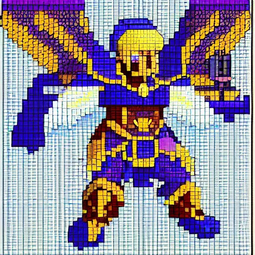 Prompt: an angel, super nintendo game sprite, symetric, pixelate, barroque blue armor, warrior blue armor