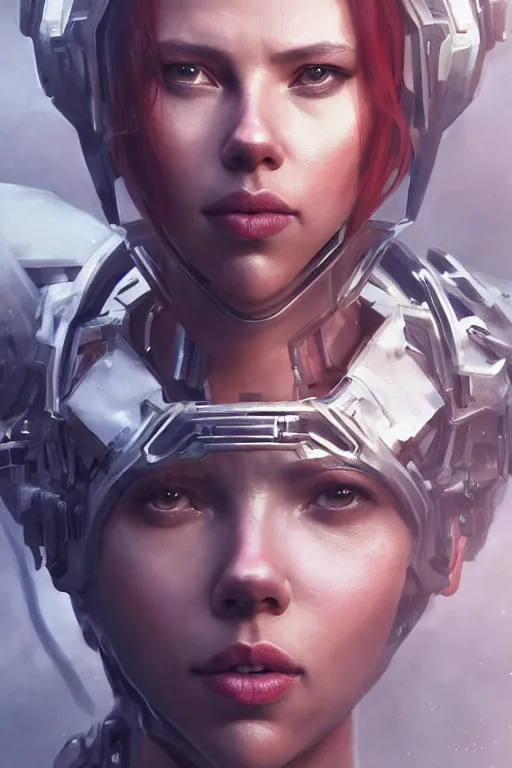 Image similar to a fancy portrait of a Scarlett Johansson cyborg by Greg Rutkowski, Sung Choi, Mitchell Mohrhauser, Maciej Kuciara, Johnson Ting, Maxim Verehin, Peter Konig, final fantasy , mythical, 8k photorealistic, cinematic lighting, HD, high details, atmospheric,