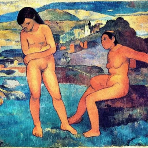 Image similar to Young ladies bathing close to Naples Vesuvio as Paul Gauguin style