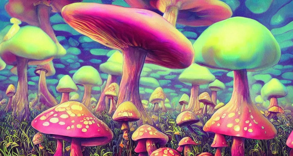 Image similar to a beautiful painting of trippy mushrooms by Tokio Aoyama, Mario Martinez, David Normal. photorealistic, trending on artstation, dramatic lighting, 8K, fantasy beautiful, surreal, cinematic.