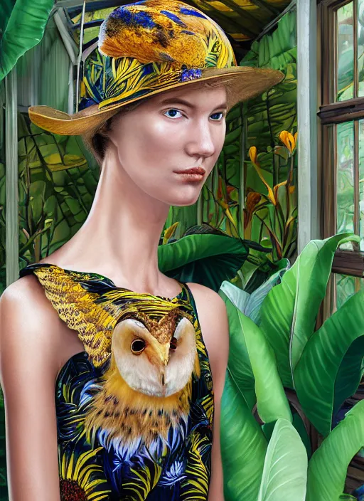 Prompt: amazing portrait photograph of an elegant top model wearing a yellow kimono with a very detailed barn owl on her shoulder!!! in a tropical greenhouse. looking at the camera!!. super resolution. Extremely detailed. art by Rineke Dijkstra.