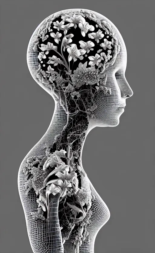 Image similar to a black and white 3D render of a beautiful profile face portrait of a female vegetal-dragon-cyborg, 150 mm, orchids, fine lace, Mandelbrot fractal, anatomical, flesh, facial muscles, wires, microchip, veins, arteries, full frame, microscopic, elegant, highly detailed, flesh ornate, elegant, high fashion, rim light, octane render in the style of H.R. Giger and Man Ray