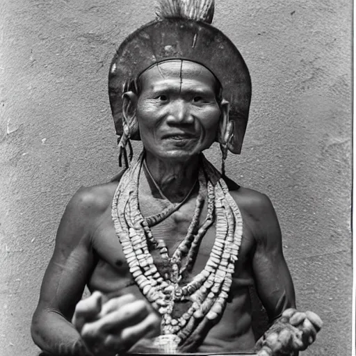 Prompt: sukhothai, a tai medicine man or shaman in ceremonial dress, holding a dong son bronze drum. photograph, ca. 1 9 2 0