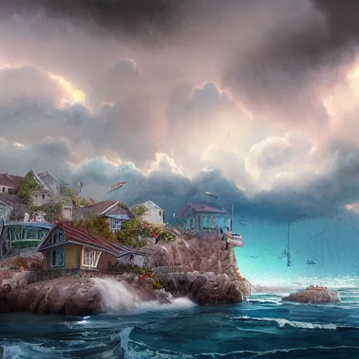 Image similar to a watercolor illustration of a cozy seaside village with a menacing storm cloud on the ocean horizon, octane render, highly detailed, masterpiece, by anthony micallef