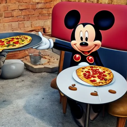 Prompt: Mickey Mouse having tea and pizza.