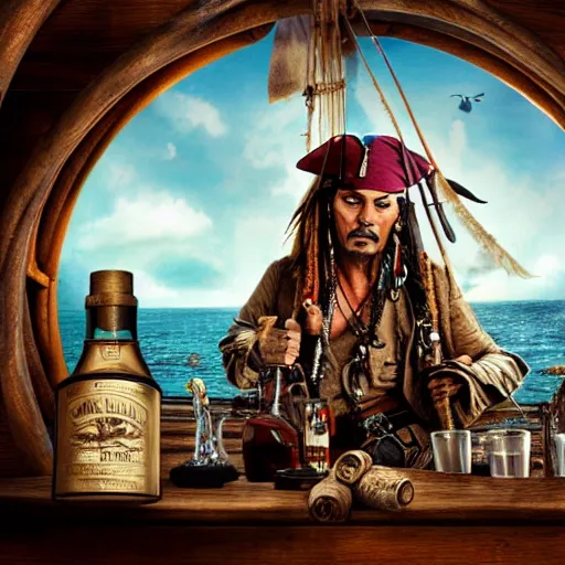 Image similar to jack sparrow drinks rum from bottle at the deck of pirate ship, focus, 3 d illustration, sharp, intricate, poster,, photo, detailed photo, scene from pirates of caribbean