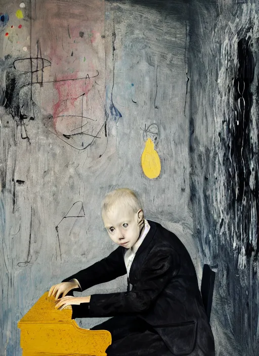 Image similar to portrait of a child piano player in suit waiting, vincent lefevre and beeple and hernan bas and pat steir and hilma af klint, psychological, photorealistic, background with strange perspective, symmetrical face, dripping paint, washy brush, rendered in octane, altermodern, grain, masterpiece