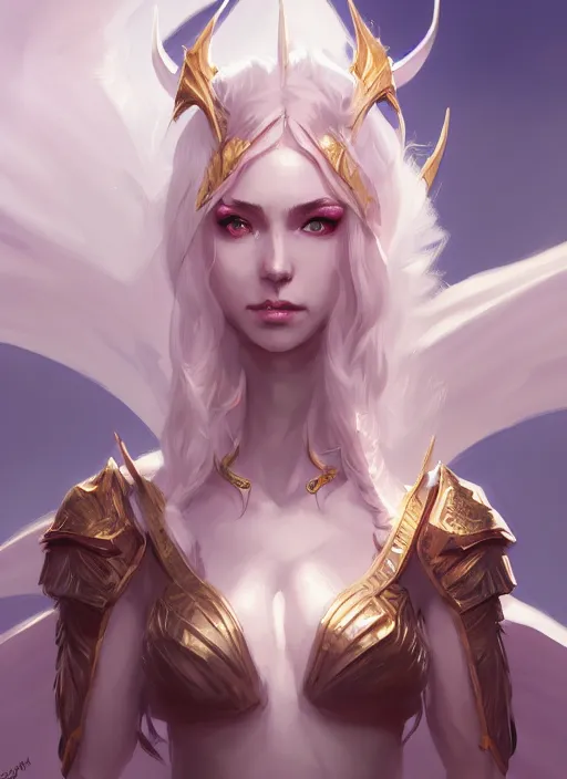 Prompt: dragon sorceress, wide angle view, white, black, blue, pink, gold, highly detailed, artgerm, cushart krenz, trending on artstation, soft light, sharp edges, illustration, character design, concept art