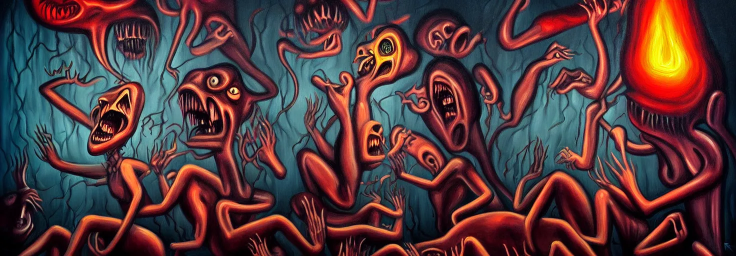 Image similar to visceral freaky obsessive monsters from the darkest depths of collective unconscious, dramatic glowing lighting, 1 9 3 0 s fleischer cartoon characters, wild emotional expressions - surreal painting by ronny khalil