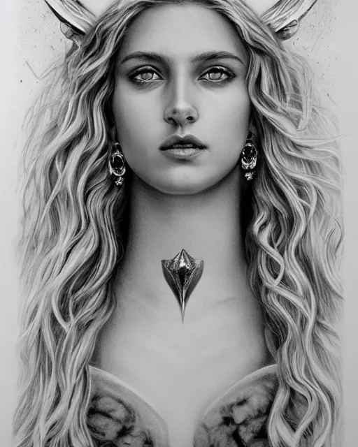 Prompt: pencil drawing of beautiful greek goddess aphrodite with arrowhead jewelry, beautiful piercing eyes, beautiful blonde hair flying in the wind, hyper realistic face, in the style of greg rutkowski, fantasy, amazing detail, epic, elegant, smooth, sharp focus, from the front