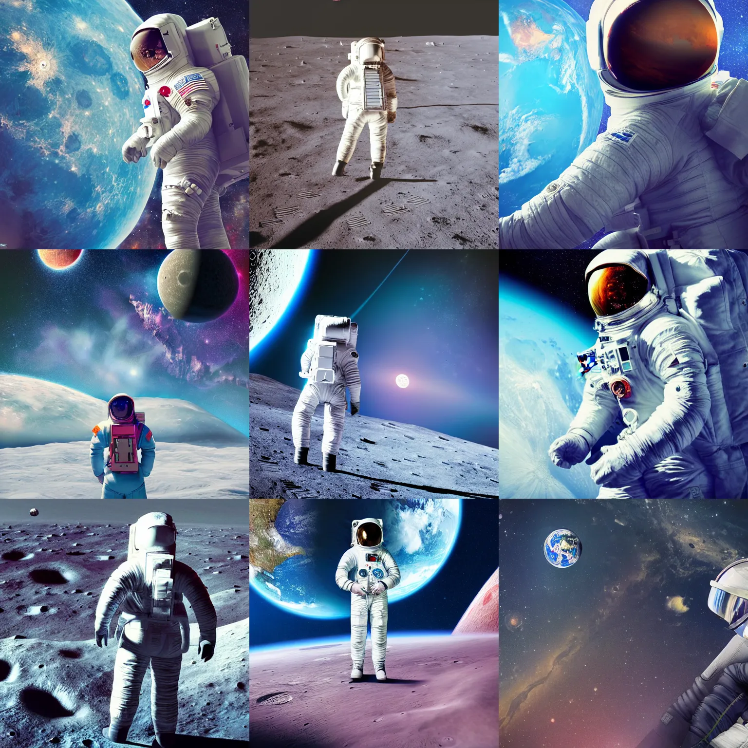 Prompt: female astronaut on the moon looking at earth shot from the back, photo realistic, digital art, sharp focus, coherent, highly detailed, epic, beeple, lisa frank
