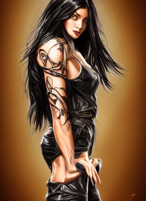 Image similar to a black haired woman in a leather jacket, muscular upper body, abs, d & d, fantasy, intricate, elegant, highly detailed, digital painting, artstation, concept art, smooth, sharp focus, illustration, art by cyril rolando