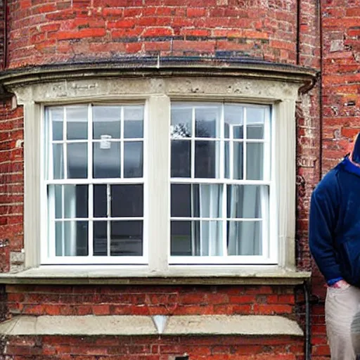 Image similar to single triangular or round sash window on a british wall, surprised and perplexed builders standing in front of it