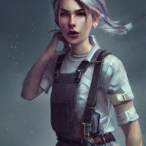 Image similar to portrait, Female adventurer, soft eyes and narrow chin, dainty figure, single strap paint covered overalls, short shorts, combat boots, raining, basic white background, style of by Jordan Grimmer and greg rutkowski, crisp lines and color,