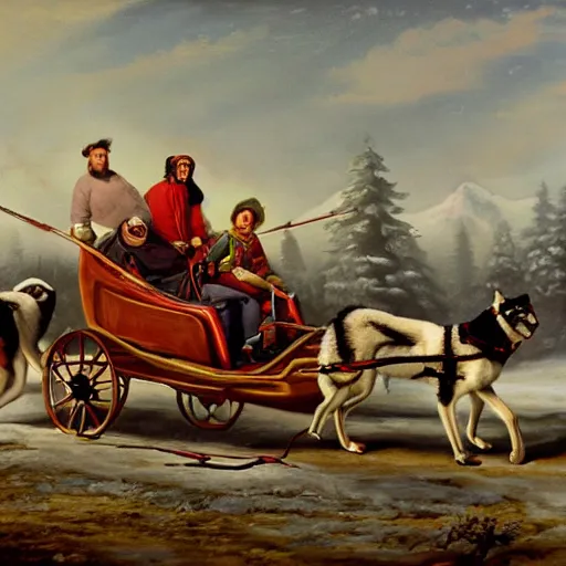 Image similar to Painting of a sled with a man on it being towed by huskies in the style of Ted Harrison, 8K