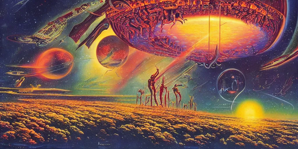 Image similar to Intergalactic dreams by Alex Grey, Paul Lehr, Ron Walotsky, Bruce Pennington and James Gurney