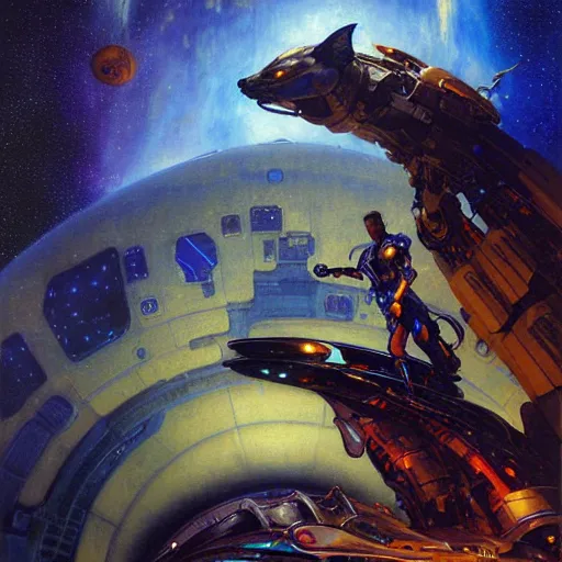 Prompt: portrait of a space fox. futuristic spaceship. shadowrun furaffiniy cyberpunk fantasy highly detailed painting by gaston bussiere craig mullins jc leyendecker gustav klimt artgerm greg rutkowski john berkey, bergey, craig mullins, ruan jia, raymond swanland, jeremy mann, tom lovell, alex malveda