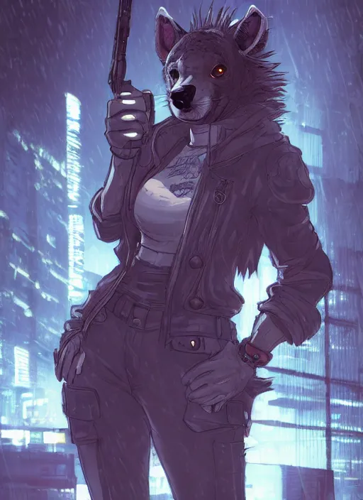 Image similar to character portrait of a female anthro hyena fursona with a cute beautiful attractive furry face and long black curly hair wearing a police flak jacket in a cyberpunk city at night while it rains. hidari, color page, tankoban, 4K, tone mapping, Akihiko Yoshida.