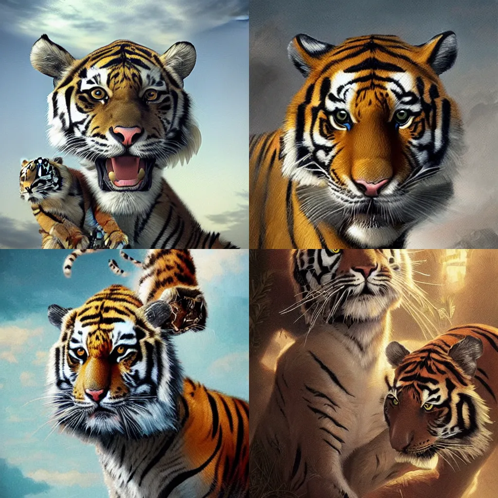 Prompt: trussus animal with cat's head, tiger's pattern, swan's wings ， by greg rutkowski and james gurney