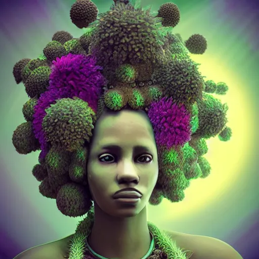 Image similar to a female african marijuanna! shaman with an afro made of flowers, third eye art art by machina infinitum, complexity from simplicity, rendered in octane, mandelbulb 3 d, ambient occlusion, macro photography, felt!!! texture, tribal, pastel! retrowave