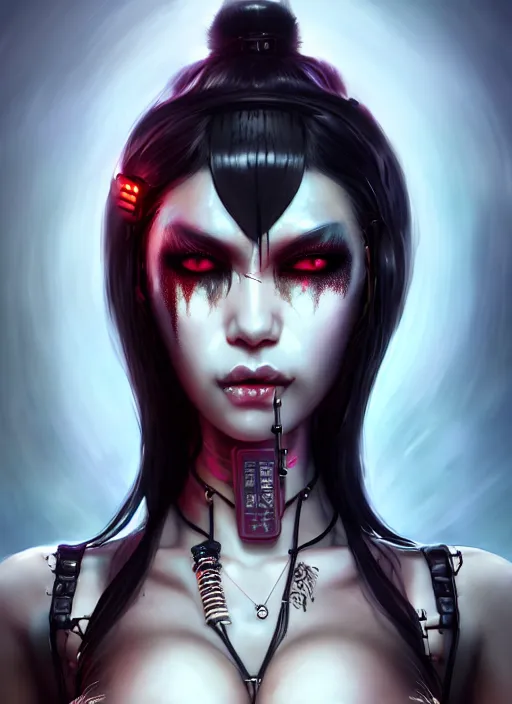 Image similar to soft lustrous ebony geisha seductive raver yakuza gothic cyborg cyberpunk gutter punk, decay, underworld, dark fantasy, dark art, highly detailed, digital painting, octane render, artstation, concept art, smooth, sharp focus, illustration, art by artgerm, loish, wlop
