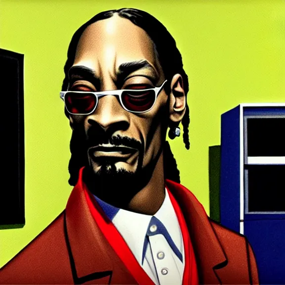 Image similar to beautiful illustration of a Snoop Dogg by Edward Hopper, clean lines, very detailed, colorful octane render