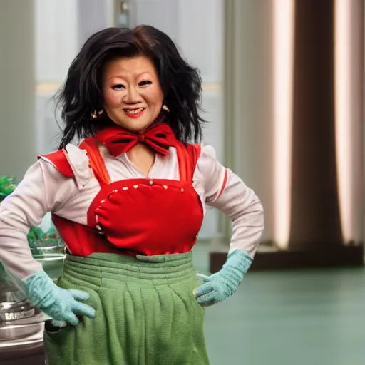 Prompt: Julie Chen as an Oompa Loompa, detailed, portrait photograph, 8k hdr movie still, dynamic lighting