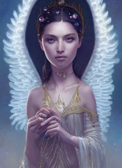 Image similar to A beautiful digital painting of a female angel full of jewels, princess, the moon behind her, intricate, cinematic lighting, highly detailed, digital painting, Artstation, concept art, smooth, sharp focus, illustration, art by Tom Bagshaw, Artgerm and Greg Rutkowski