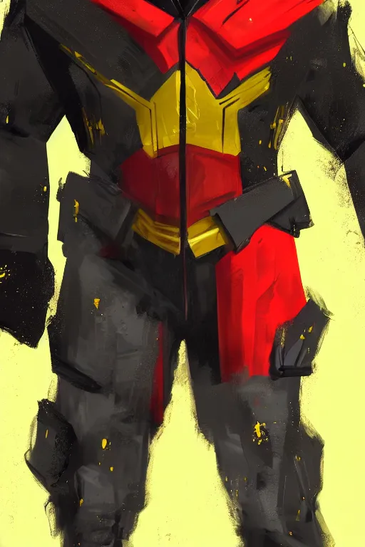 Prompt: a full body portrait of a hero concept he is wearing a yellow, red and black suit, concept art, trending on artstation, very detailed,