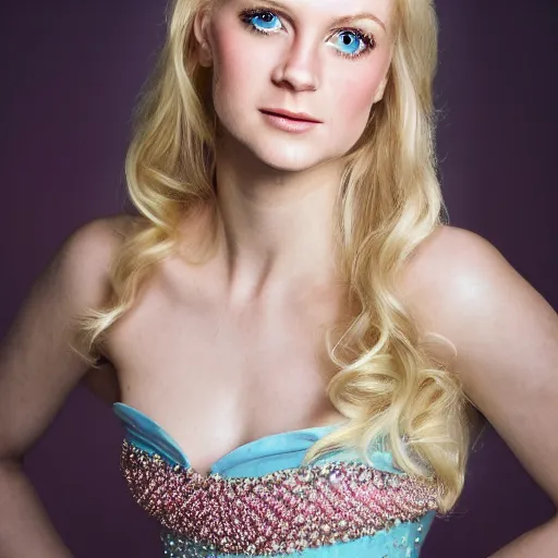 Prompt: close up headshot of a princess with long blonde hair and light blue eyes wearing a strapless elaborately beaded pink dress, high resolution film still, 8k, HDR color, film by Simon Langton and David Frankel, triangular face, slight freckles, round narrow chin, straight jawline, natural pink lips, cheekbones