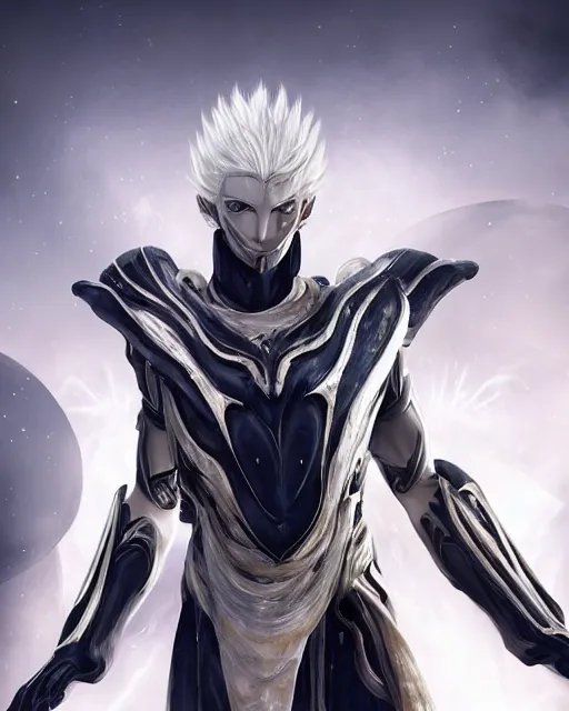 Image similar to perfect white haired egyptian male god, brute, warframe armor, beautiful, symmetric, dreamy, half african, black salamander eyes, charlize theron, detailed, scifi platform, laboratory, experiment, 4 k, ultra realistic, epic lighting, android body, illuminated, cinematic, masterpiece, art by akihito tsukushi, voidstar