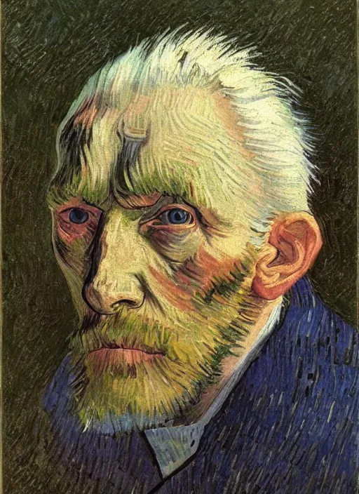 Image similar to portrait of a tired old man with white hair by van gogh, detailed face, symmetrical painting, beautiful expressionist oil painting masterpiece, 8 k resolution, smooth, sharp focus, pastel color palette, trending on artstation