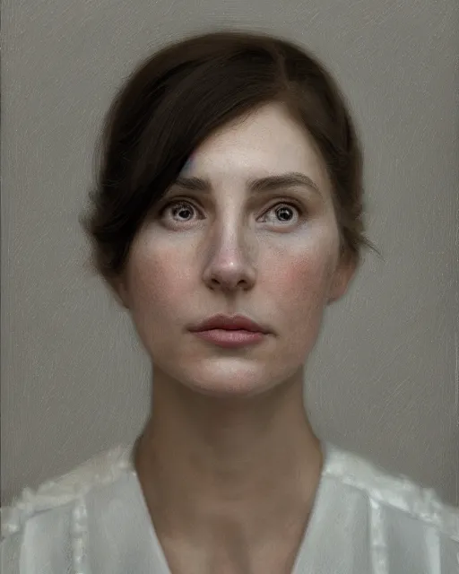 Image similar to cinematic portrait of young and severe woman with a crooked nose, intricate, elegant, by alyssa monks, highly detailed, symmetrical face, fine details, masterpiece, trending on artstation