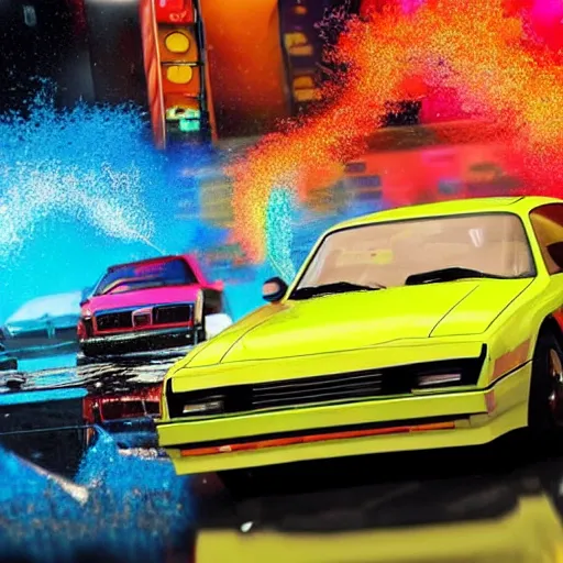 Prompt: hyperrealistic explosions of a expensive, colorful sports car, the explosions is made out of colorful particles, the scene is set in a seedy new york of 1 9 8 0 s, the weather is rainy and the street full of puddles, the puddles and buildings are reflecting the explosion