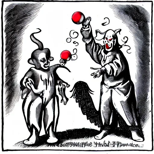 Image similar to demonic hell clown juggling with an angel clown.