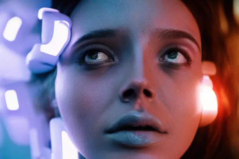 Prompt: VFX movie of a futuristic cyborg closeup portrait in high tech compound, beautiful natural skin neon lighting by Emmanuel Lubezki